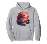 Mythical black red dragon with sunset mountains Asian art Pullover Hoodie