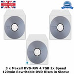 3 x Maxell DVD-RW Storage 4.7GB 2x Speed 120min Re-Writable DVD Discs in Sleeve