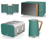 Swan Nordic Green Kettle 4 Slice Toaster Microwave & Canisters Kitchen Set of 6