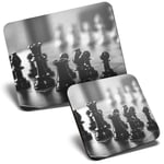 Mouse Mat & Coaster Set - BW - Chess Set Board Game Retro 23.5 x 19.6 cm & 9 x 9 cm for Computer & Laptop, Office, Gift, Non-slip Base #35611