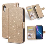 QLTYPRI Case for iPhone XR, Premium PU Leather Rubber Silicone Bumper Credit Card Holder Cash Pocket Magnetic Detachable Wallet Case Cover for iPhone XR - Gold