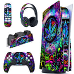 playvital Psychedelic Leaf Full Set Skin Decal for ps5 Console Disc Edition,Sticker Vinyl Decal Cover for ps5 Controller & Charging Station & Headset & Media Remote