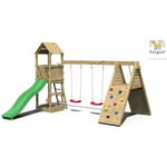 Fungoo - Aire de jeux fleppi avec rampe d'accés avec corde, mur d'escalade, toiture, bac à sable, toboggan vert & accessoires de jeux et balançoire 2