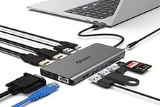 Qhou Station d'accueil Triple Moniteur pour Macbook Air M1 & Windows, Mise à Niveau 13 en 1 Hub USB C Thunderbolt 3 avec Double HDMI, VGA, 100W PD, Gigabit Ethernet, USB 3.0/2.0, Audio,Lecteur SD/TF
