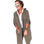 Women Solid Color Medium Long Cardigan Hooded Khaki Xl