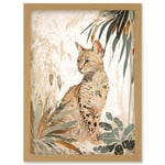 Savannah Cat with Colourful Fur Pattern in Nature Modern Watercolour Illustration Artwork Framed Wall Art Print A4