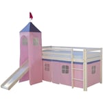 Décoshop26 - Lit mezzanine 90x200cm avec échelle toboggan en bois blanc et toile rose incluse