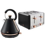 Tower Cavaletto Black & Rose Gold  Pyramid Kettle & 4 Slice toaster SET -NEW