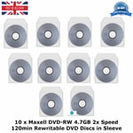 10 x Maxell DVD-RW Storage 4.7GB 2x Speed 120min Re-Writable DVD Discs in Sleeve