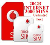 Vodafone Pay As You Go Standard, Micro & Nano Triple SIM Card voda sim 20GB NET