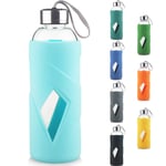 Reeho 1000 ml / 1 Litre Sports Borosilicate Glass Water Bottle BPA-Free with Anti-slip Silicone Sleeve and Leak Proof Stainless Steel Lid (Light Blue)