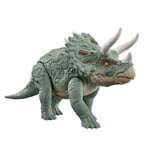 Mattel Jurassic World Méga Action Figurine articulée de dinosaure tricératops géant, jouet grandes espèces, attaque avec coup de tête, corne évoluée, jeu numérique HTK79