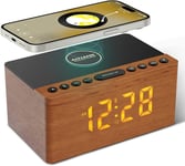 Enceinte Bluetooth Réveil En Bois Avec Radio Fm,Chargement Sans Fil Pour Iphone/Samsung,Port De Charge Usb,0-100% Luminosités Réglable,Minuterie De Sommeil,Réveil Numérique Affichage Led[L53]