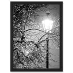 Street Lamp Paris France Winter Night Black White A4 Artwork Framed Wall Art Print