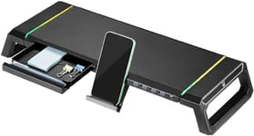 Ewent Support de Moniteur RGB, Réhausseur d'Écran, Support de Moniteur Pré-Montage Ajustable, avec Tiroir de Rangement et Support de Téléphone + 4 ports USB en Façade, pour PC/Laptop/iMac/TV, Noir