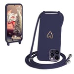 CaseLover Coque avec Cordon Compatible avec iPhone 15 Pro, Coque de Cellulaire Corde Silicone Étui en Motif Coeur avec Réglable Collier Téléphone Chaîne Lanyard Housse pour iPhone 15 Pro, Bleu Foncé