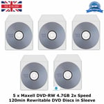 5 x Maxell DVD-RW Storage 4.7GB 2x Speed 120min Re-Writable DVD Discs in Sleeve