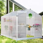 The Fellie Garden Greenhouse Polycarbonate Garden Plants Grow House with Roof Ventilation Window Slide Door, 10ft x 6ft (Galvanized Base Included)