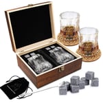 Whisky Glass Gift Set, 8 Granite Wine Stones,2 Whisky Glasses with Stainless Steel Spoon,2 Coasters & Storage Pouch in Premium Wooden Box, Reusable Chilling Stones, Valentine Gift for Men Friend