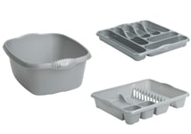 3 PC Silver/Grey Set- Large Dish Drainer, Large Size Cutlery Tray, Washing UP Bowl (Silver/Grey)- Made in UK