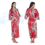Blommig satin kimono morgonrock - elegant sovplagg för kvinnor L röd