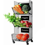 3 Tier Hanging Fruit Vegetable Baskets with Wheel-Metal Wire Wall Storage Basket Bin Rack,5pcs S-Hooks,Removable Chalkboards,Perfect for Kitchen,Fruit, Vegetables, Toiletries, Bathroom Storage,Black