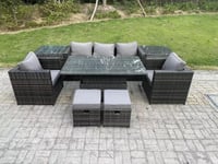 Rattan Garden Furniture Adjustable Rising Lifting Dining Table Sofa Set Chairs 2 Side Coffee Tables with 2 Stools