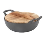 Cast Iron Wok W/2 Handle Wooden Lid Frying Pan W/Flat Base Uncoated For Stir JY