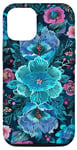 Coque pour iPhone 12/12 Pro Motif floral botanique bleu sarcelle imprimé turquoise