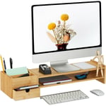 Relaxdays - Support d'écran en bambou, 5 tiroirs, réhausseur d'écran d'ordinateur/laptop, HxLxP : 13 x 70 x 19 cm, naturel