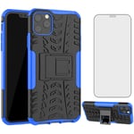 Phone Case for iPhone 11 Pro Max 6.5 inch with Tempered Glass Screen Protector and Stand Kickstand Hard Rugged Hybrid Accessories Heavy Duty Rubber Shockproof iPh 11pro iPhone11promax XI Plus Blue