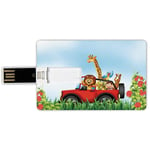 16G USB Flash Drives Credit Card Shape Zoo Memory Stick Bank Card Style Cartoon Style Wildlife Animals Riding a Car in Park with Grass and Roses Journey Trip,Multicolor Waterproof Pen Thumb Lovely Jum