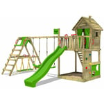 Fatmoose - Aire de jeux Portique bois HappyHome avec balançoire SurfSwing et toboggan Maison enfant exterieur avec bac à sable, échelle d'escalade &
