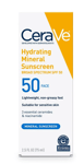 CeraVe Hydrating Mineral Sunscreen Face Lotion SPF50 2.5fl oz 75mL 