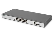 Digitus 16 Port Fast Ethernet PoE Switch, 19 Inch, Unmanaged, 2 Uplink