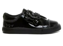 New Girls Kickers Tovni Lo Bow 2 Strap Hook & Loop Shoes Black Patent UK 7.5