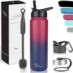 Milu Stainless Steel Drinking Bottle 500ml, 750ml, 1l (+3 Lids) - Thermo Bottle with Straw, Water Bottle, for Hot, Cold & Carbonated Drinks (Berry Blue, 750ml)