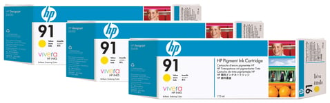 HP 91 3-pack 775-ml Yellow DesignJet Pigment Ink Cartridges blekkpatron 3 stykker Original Gult