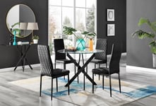 Novara 4 Seater Black Leg Round Glass Dining Table & 4 Milan Soft Velvet Black Leg Chairs