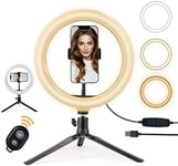 LED Ring Light 10" with Tripod Stand & Phone Holder Selfie Ringlight for Live Streaming & YouTube Video Dimmable Desk Makeup Ring Light for Selfie, Vlog,Photography 3 Light Modes & 10 Brightness