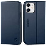 SHIELDON iPhone 12 Mini Case, Shockproof Genuine Leather Case [RFID Blocking][TPU Shell][Kickstand][Card Slots][Magnetic Closure] Folio Wallet Cover Compatible with iPhone 12 Mini, 5.4", Navy Blue