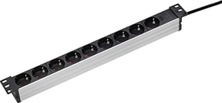 as - Schwabe Bloc multiprise 9 prises RACK 19" pour montage universel dans les armoires réseau 19", boîtier en aluminium robuste, câble de 2 m, orientation à 45°, IP20, noir/aluminium 18194
