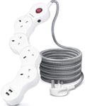 Flexible Extension Lead with USB Slots, 4 Way Outlets Power Strip 2 USB Ports(13A/3250W), Surge Protection Plug Extension Socket with 1.8M Braided Extension Cord, Overload Protection for Home, Office