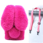 HFICY for Apple Ipod Touch 6/7 Phone Cases with 3 Tempered Film & Crossbody Lanyard,Rabbit Fur Fluffy Bunny Ears Frost Furry Fuzzy for Woman Girls Soft Cute Plush Winter Warm Covers with Strap (Rose)
