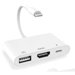 Adaptateur et connecteur pour câble à faible courant pour iPhone Flat Lightning vers HDMI USB Charge rapide OTG Convertisseur 3 en 1 12,8 6,3 1,2 cm Blanc