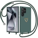 CaseLover Coque avec Cordon pour Samsung Galaxy S24 Ultra, Coque de Cellulaire Corde Silicone Étui en Motif Coeur avec Réglable Collier Téléphone Chaîne Lanyard Housse pour Samsung S24 Ultra 5G, Vert