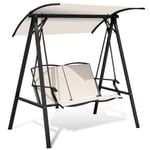 COSTWAY 2 Seater Garden Swing Chair, Powder Coated Metal Frame Rocking Hammock Bench with Adjustable Canopy, Outdoor Patio Yard Poolside Swing Lounger Seat (Beige)