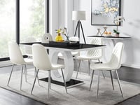 Giovani Rectangular 6 Seat White High Gloss Unique Halo Dining Table Black Glass Top 6 Faux Leather Silver Leg Corona Chairs