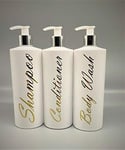 Mrs Hinch Inspired Set of 3 White Personalised Pump Bottles Bathroom Kitchen Set Shampoo Conditioner and Body Wash (Gold writing)