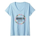 Womens Vintage Brooklyn New York City Retro BK Floral Flowers Women V-Neck T-Shirt
